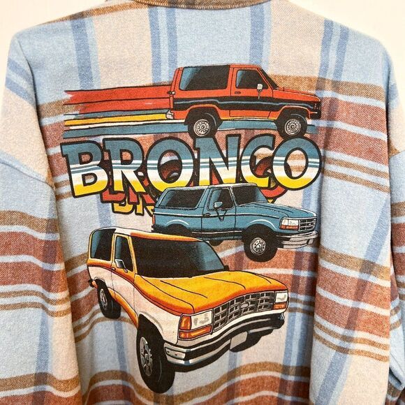 Ford Bronco Blue Brown Plaid Shacket Shirt Jacket 1X - Picture 3 of 8